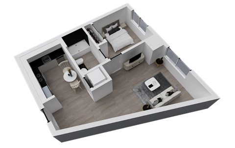 Floor plan for 1 bed, 1 bath, 626 sqft