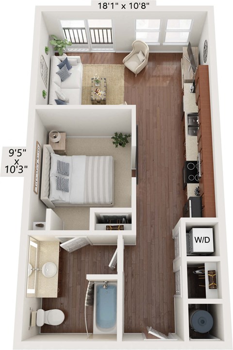 Floor plan for 1 bed, 1 bath, 596 sqft