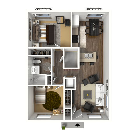 Floor plan for 2 beds, 1 bath, 861 sqft