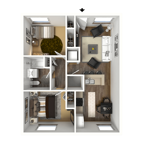 Floor plan for 2 beds, 1 bath, 775 sqft