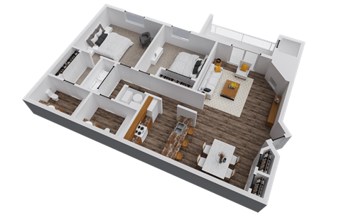 Floor plan for 2 beds, 2 baths, 927 sqft