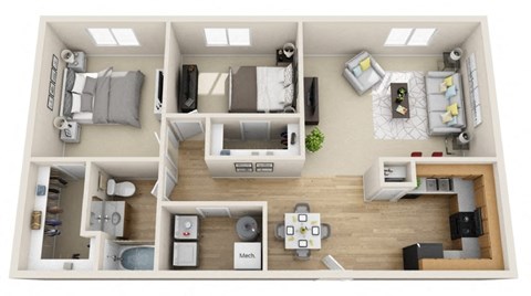 Floor plan for 2 beds, 1 bath, 1056 sqft