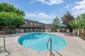 Albuquerque apartment for rent - A large outdoor swimming pool surrounded by trees and a building in the background.