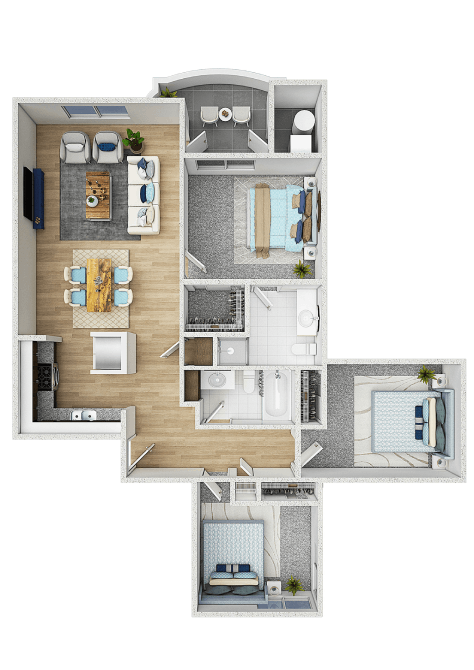 Floor plan for 3 beds, 2 baths, 1000 sqft