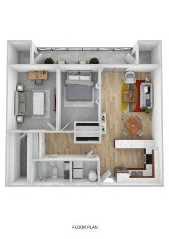 Floor plan for 2 beds, 1 bath, 884 sqft