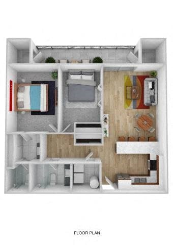 Floor plan for 2 beds, 2 baths, 884 sqft
