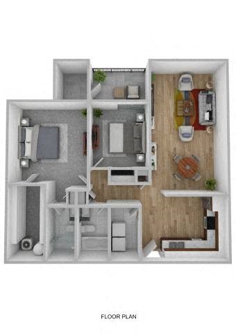 Floor plan for 2 beds, 2 baths, 1050 sqft