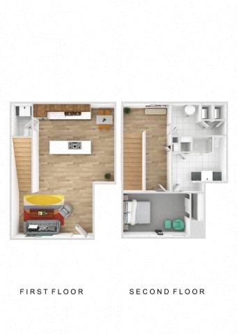 Floor plan for 1 bed, 1.5 baths, 1000 sqft