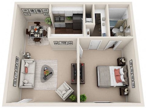 Floor plan for 1 bed, 1 bath, 576 sqft