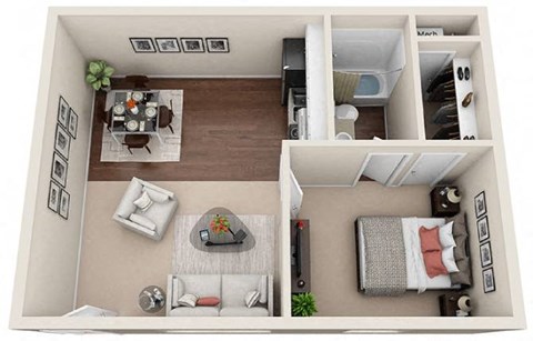 Floor plan for 1 bed, 1 bath, 486 sqft