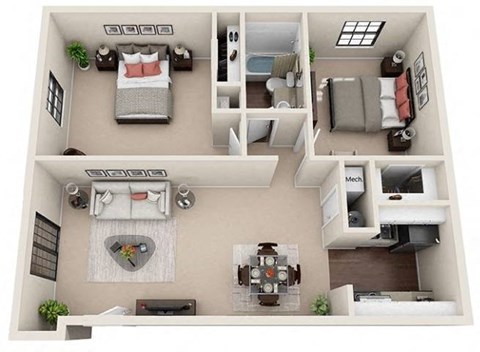 Floor plan for 2 beds, 1 bath, 804 sqft