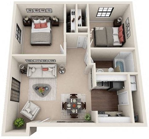 Floor plan for 2 beds, 1 bath, 626 sqft