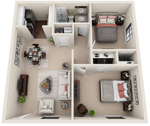 Floor plan for 2 beds, 1 bath, 674 sqft