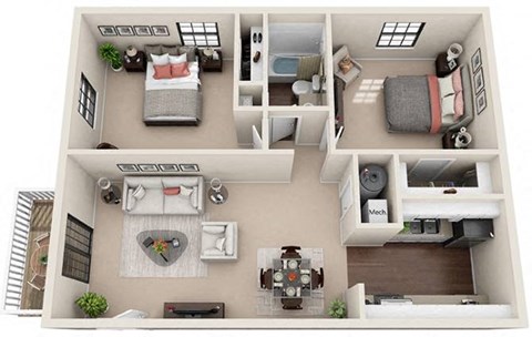 Floor plan for 2 beds, 1 bath, 744 sqft