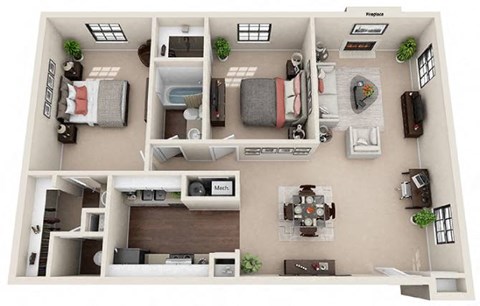 Floor plan for 2 beds, 1.5 baths, 984 sqft