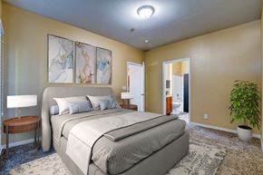 Las Vegas apartment for rent - A bedroom with a large bed, a lamp, and a plant.