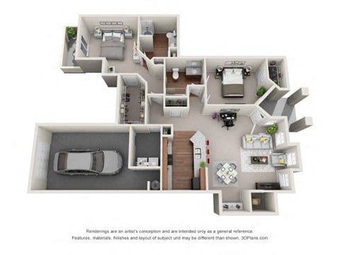 Floor plan for 2 beds, 2 baths, 1386 sqft