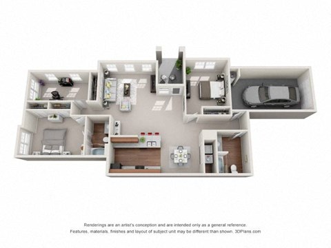Floor plan for 3 beds, 2 baths, 1491 sqft