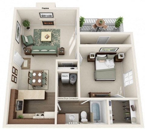 Floor plan for 1 bed, 1 bath, 650 sqft