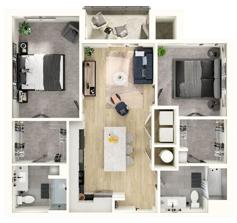 Floor plan for 2 beds, 2 baths, 1021 sqft