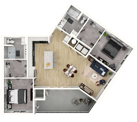 Floor plan for 2 beds, 2 baths, 1318 sqft