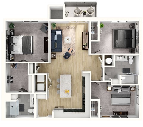Floor plan for 3 beds, 2 baths, 1286 sqft