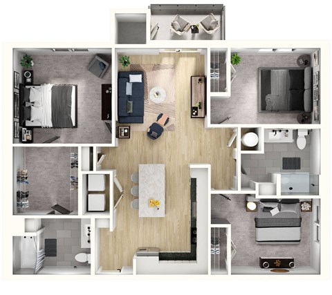 Floor plan for 3 beds, 2 baths, 1286 sqft