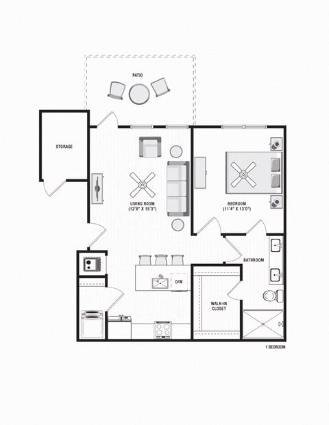 Floor plan for 1 bed, 1 bath, 750 sqft