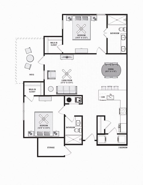 Floor plan for 2 beds, 2 baths, 1255 sqft