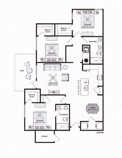 Floor plan for 3 beds, 2 baths, 1500 sqft