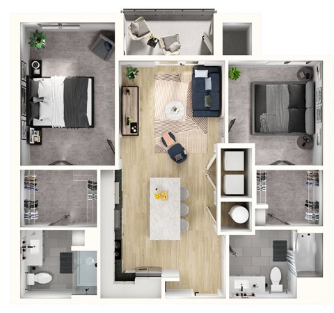 Floor plan for 2 beds, 2 baths, 1021 sqft