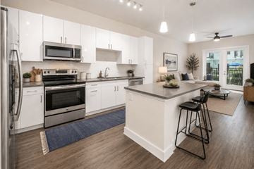 Tampa apartment for rent - A modern kitchen with white cabinets and a large island.