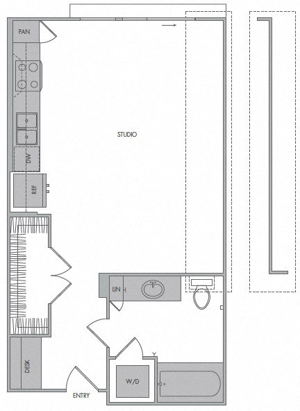Floor plan for studio, 1 bath, 578 sqft