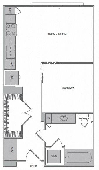 Floor plan for studio, 1 bath, 578 sqft