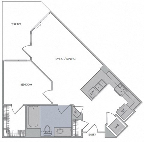 Floor plan for 1 bed, 1 bath, 644 sqft