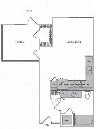 Floor plan for 1 bed, 1 bath, 665 sqft