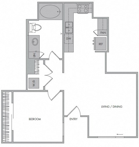 Floor plan for 1 bed, 1 bath, 716 sqft
