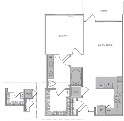 Floor plan for 1 bed, 1 bath, 747 sqft