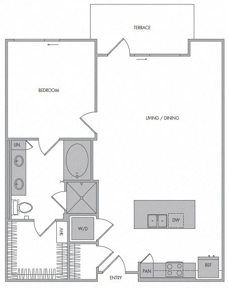 Floor plan for 1 bed, 1 bath, 902 sqft