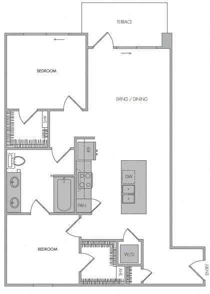Floor plan for 2 beds, 1 bath, 964 sqft