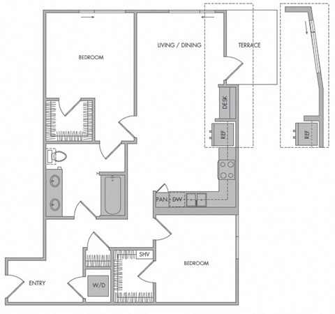 Floor plan for 2 beds, 1 bath, 975 sqft
