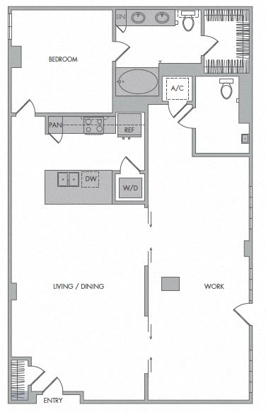 Floor plan for 1 bed, 1.5 baths, 1388 sqft
