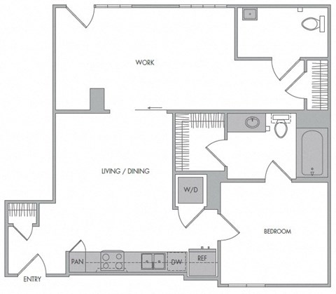 Floor plan for 1 bed, 1.5 baths, 877 sqft