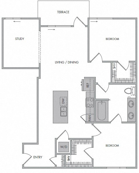 Floor plan for 2 beds, 1 bath, 1072 sqft