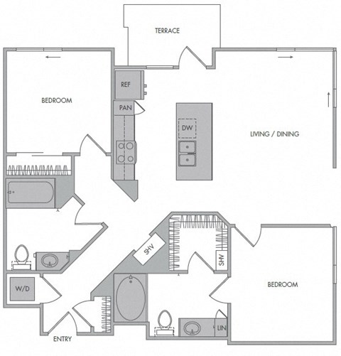 Floor plan for 2 beds, 2 baths, 1127 sqft