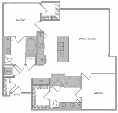 Floor plan for 2 beds, 2 baths, 1288 sqft