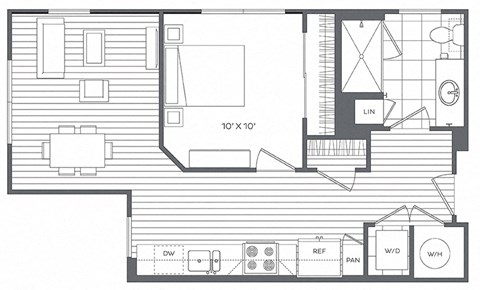 Floor plan for 1 bed, 1 bath, 591 sqft
