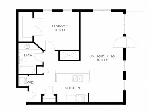 Floor plan for 1 bed, 1 bath, 838 sqft