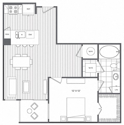Floor plan for 1 bed, 1 bath, 690 sqft