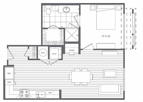 Floor plan for 1 bed, 1 bath, 692 sqft